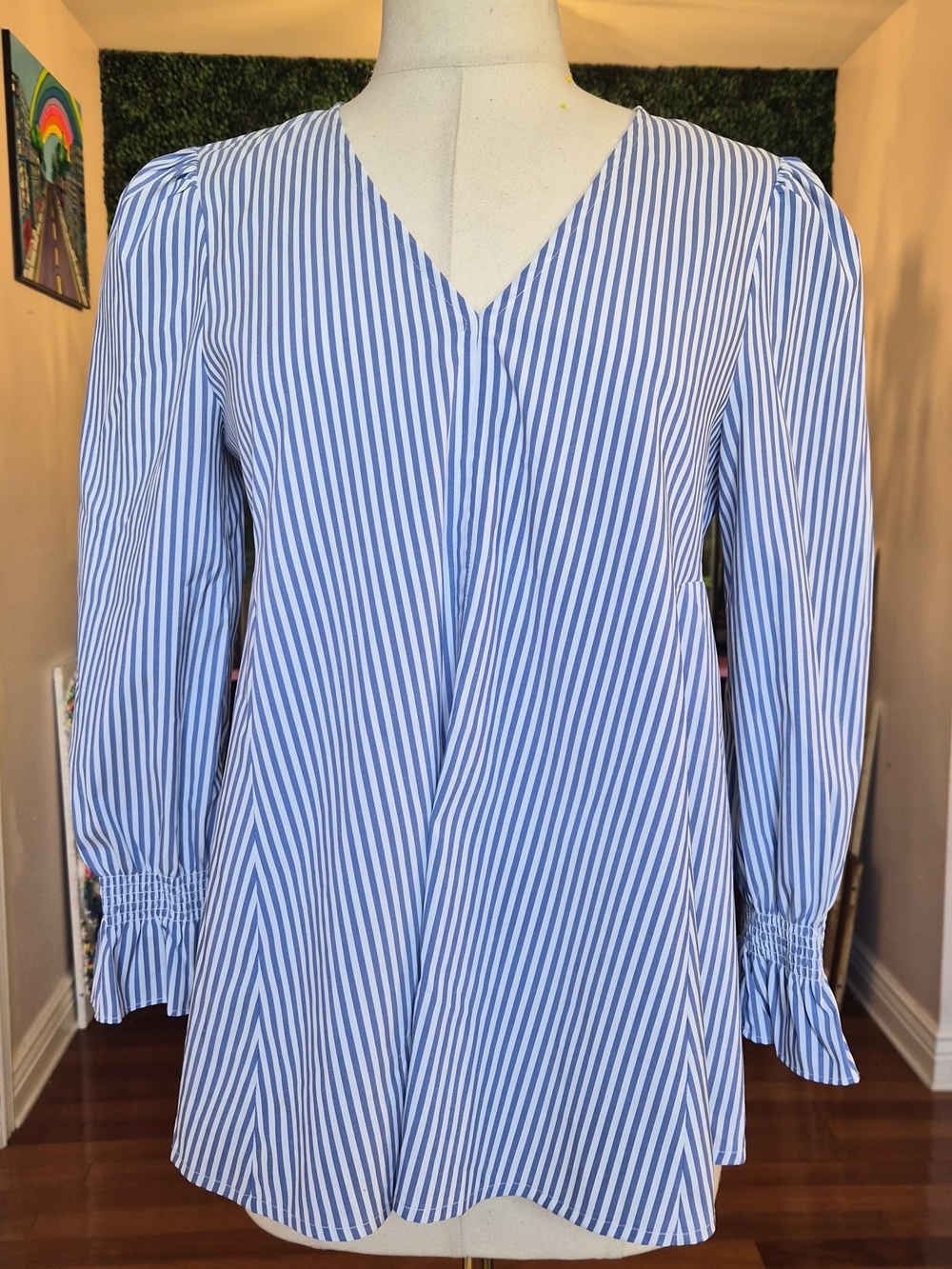 Blue Striped V-Neck Long Sleeve Women's Top
